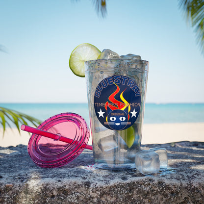 Sunsplash 16oz Clear Tumbler with Straw — Retro Bluestray Flame Crest Design