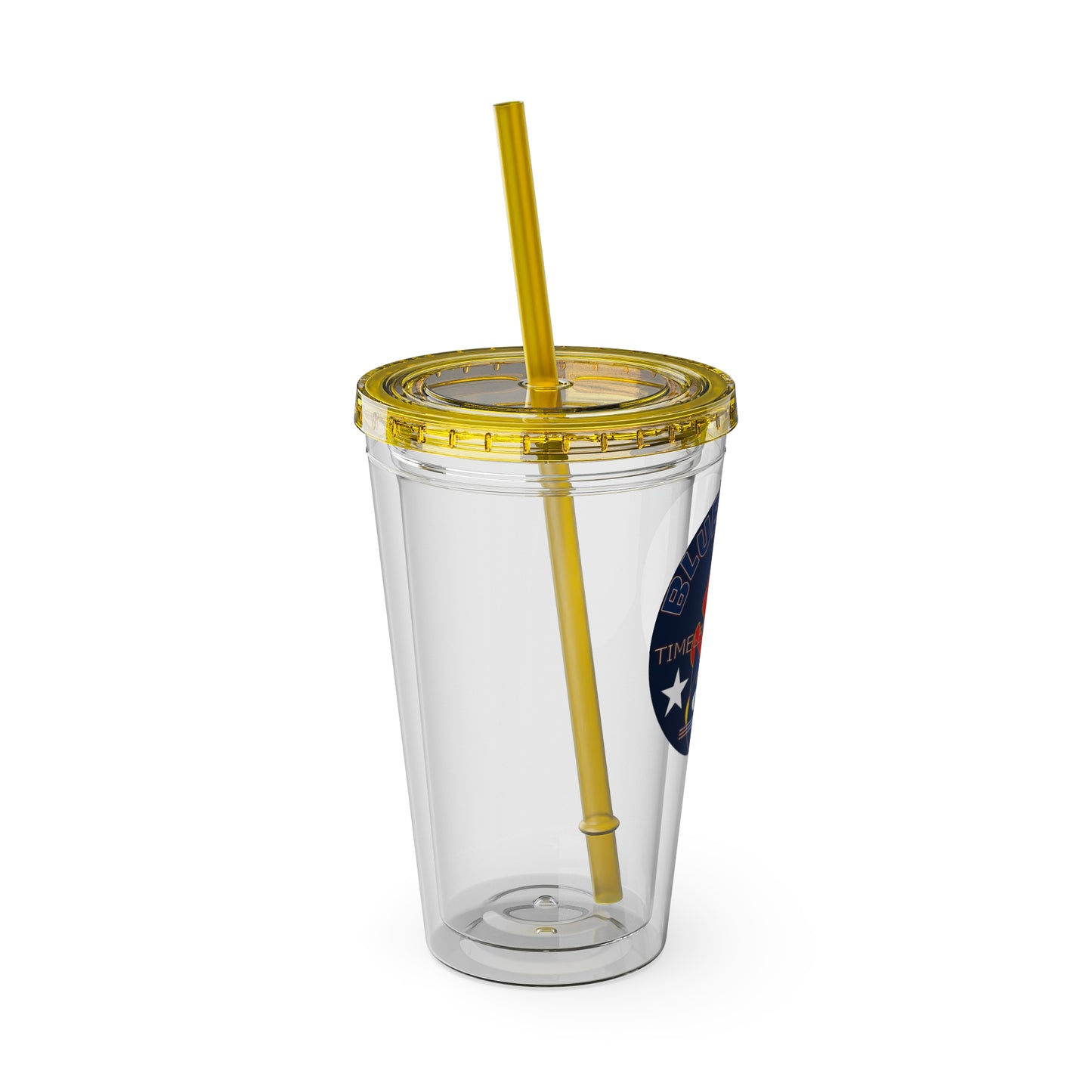 Sunsplash 16oz Clear Tumbler with Straw — Retro Bluestray Flame Crest Design