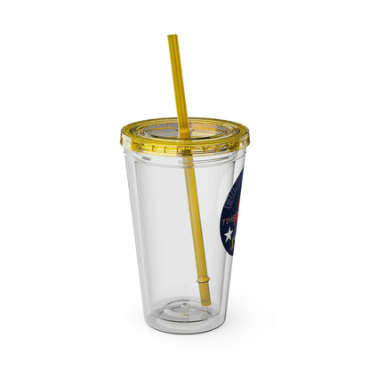 Sunsplash 16oz Clear Tumbler with Straw — Retro Bluestray Flame Crest Design