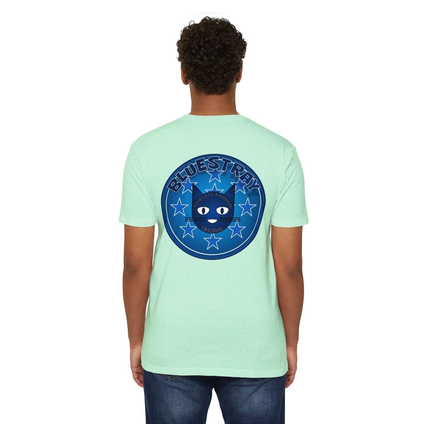 Bluestray Cat Graphic T-Shirt — “Bluestray” Retro Star Logo