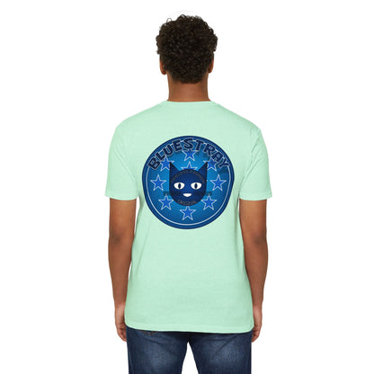 Bluestray Cat Graphic T-Shirt — “Bluestray” Retro Star Logo