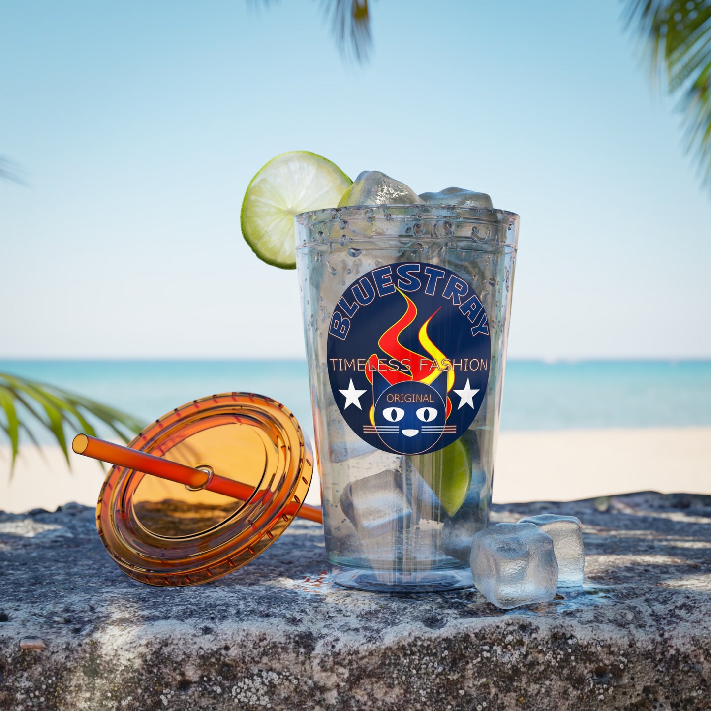 Sunsplash 16oz Clear Tumbler with Straw — Retro Bluestray Flame Crest Design