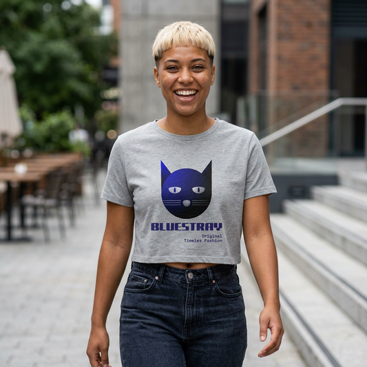 Cat Face Cropped Tee — Women's Boxy Bluestray Cat Graphic Shirt