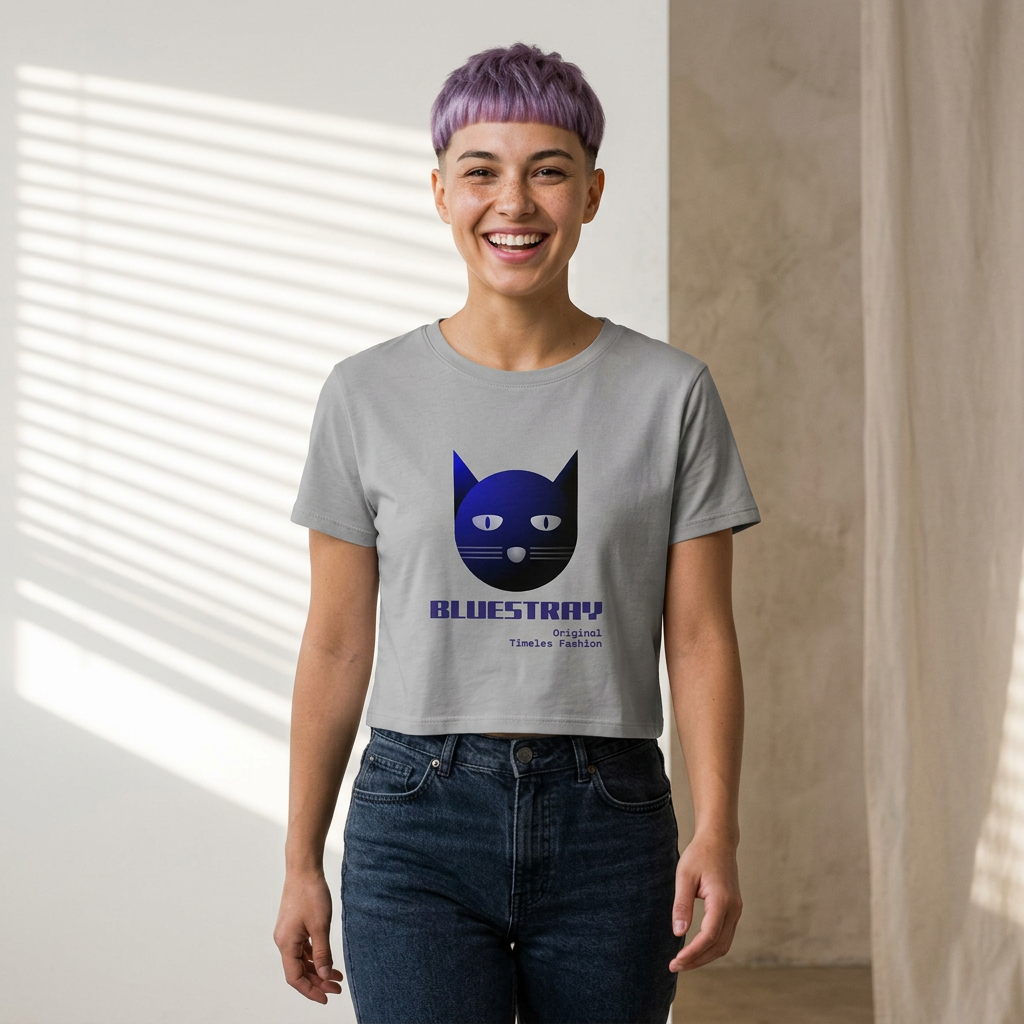 Cat Face Cropped Tee — Women's Boxy Bluestray Cat Graphic Shirt
