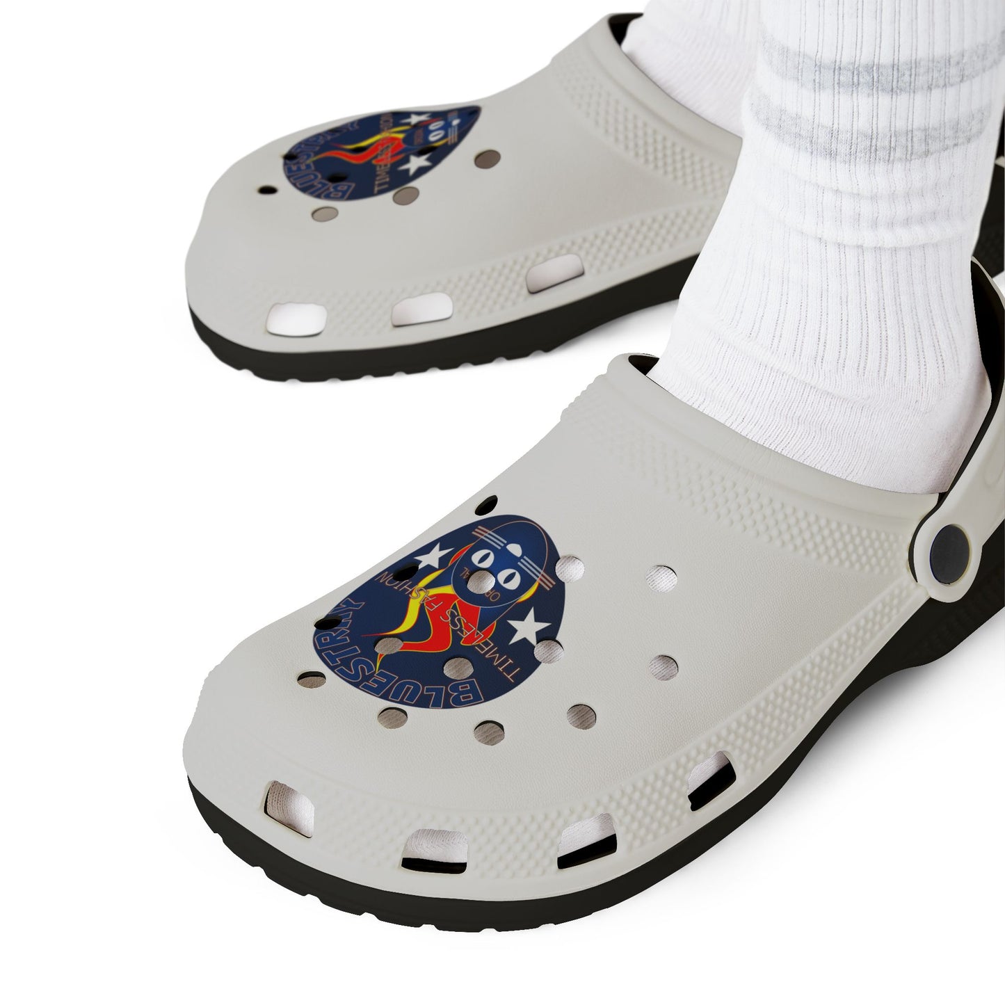 Camping Flame Clogs — White EVA Foam Slip-On Shoes with Bluestray Graphic