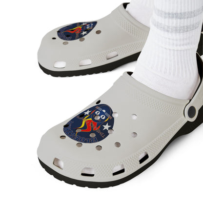 Camping Flame Clogs — White EVA Foam Slip-On Shoes with Bluestray Graphic