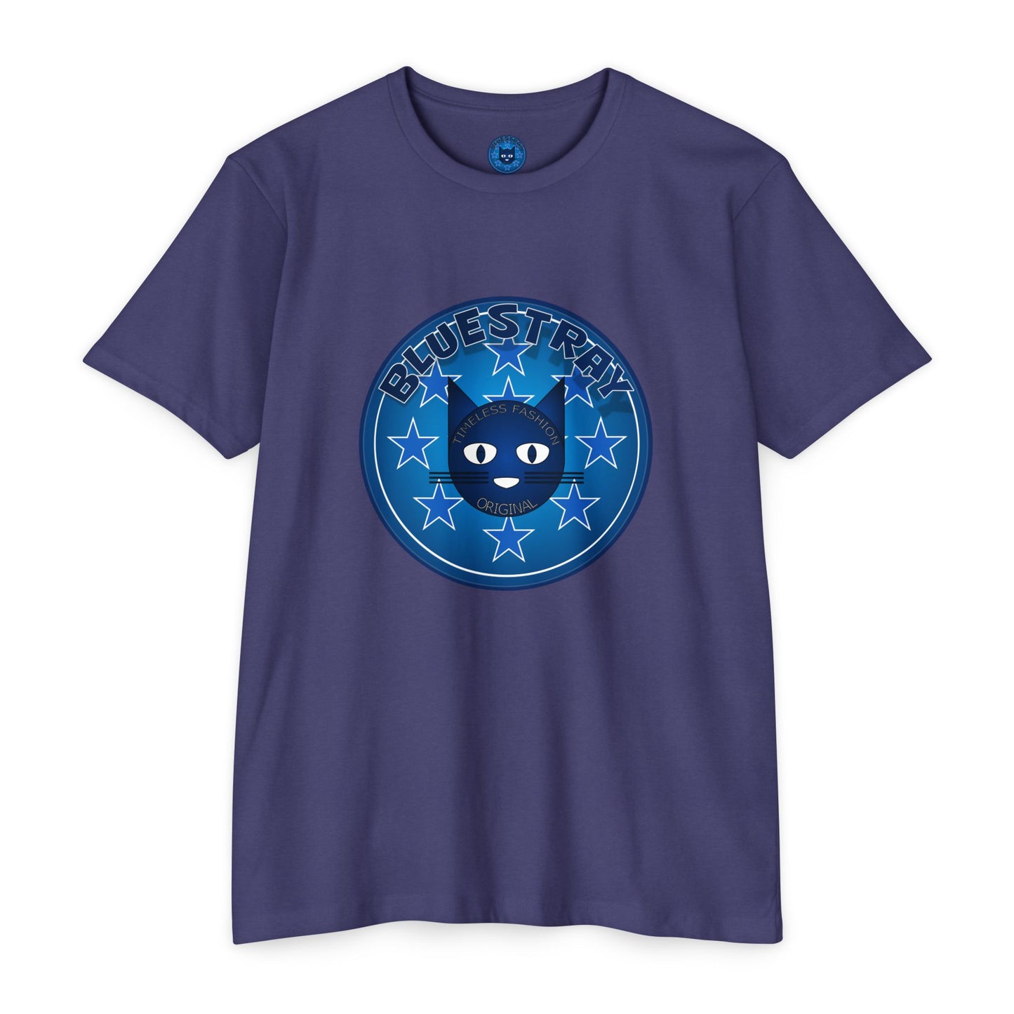 Bluestray Cat Graphic T-Shirt — “Bluestray” Retro Star Logo