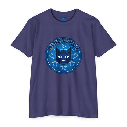 Bluestray Cat Graphic T-Shirt — “Bluestray” Retro Star Logo