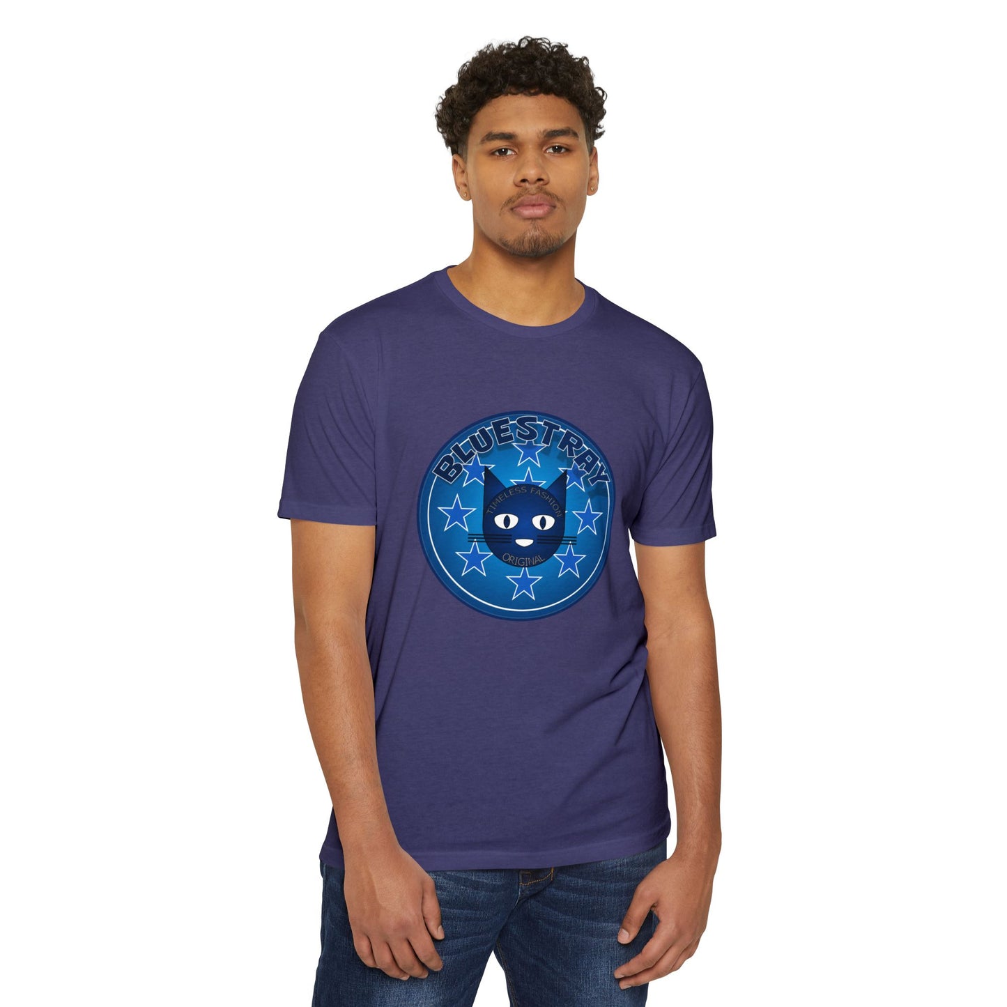 Bluestray Cat Graphic T-Shirt — “Bluestray” Retro Star Logo