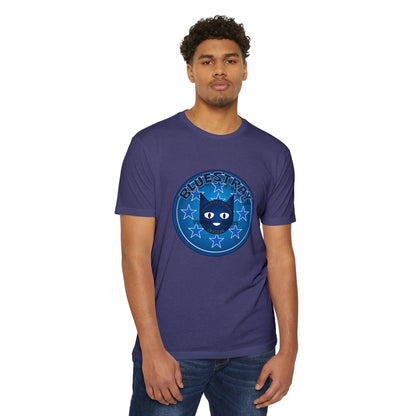 Bluestray Cat Graphic T-Shirt — “Bluestray” Retro Star Logo