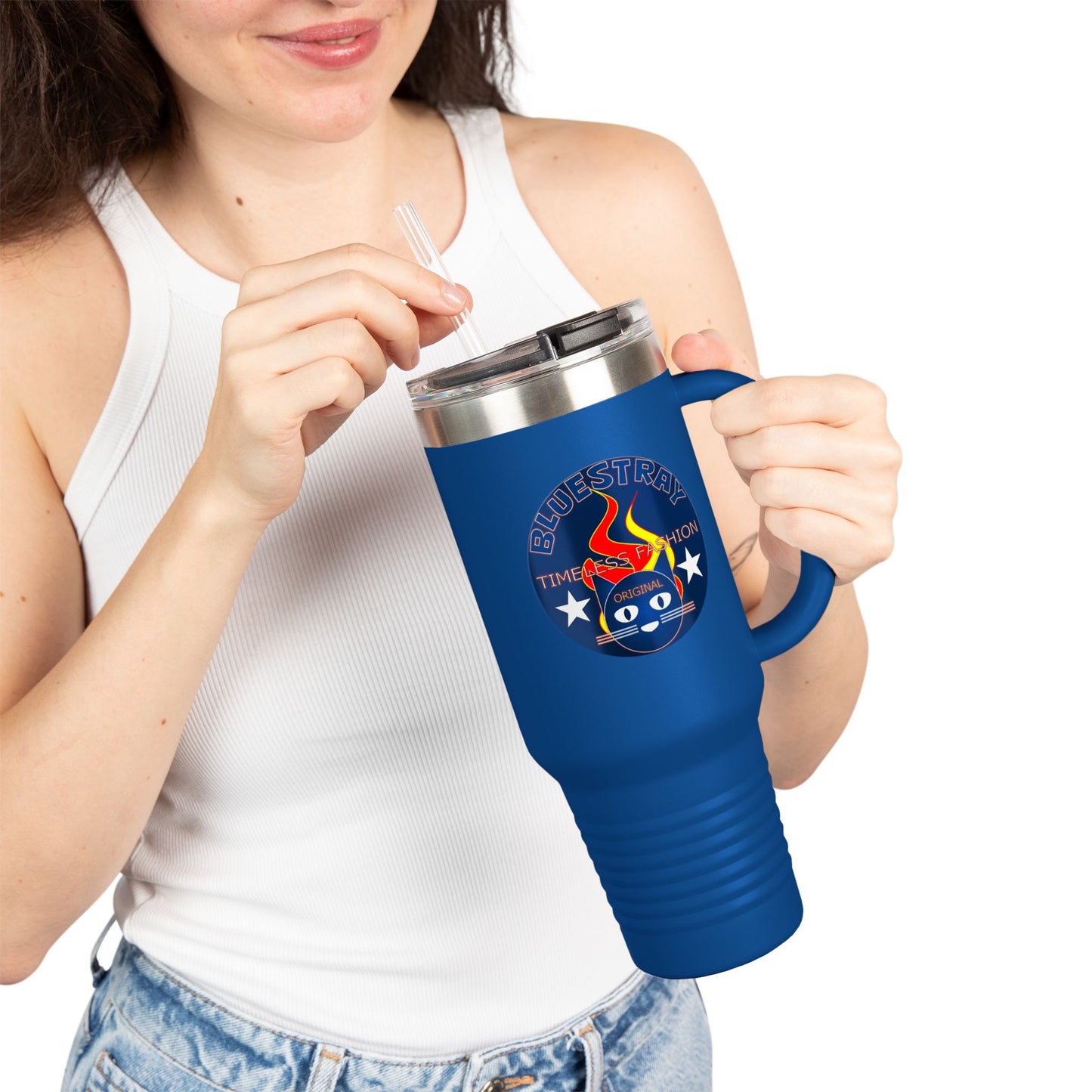40oz Insulated Travel Mug — Questing Bluestray Cat Logo, Retro Space Adventure Design