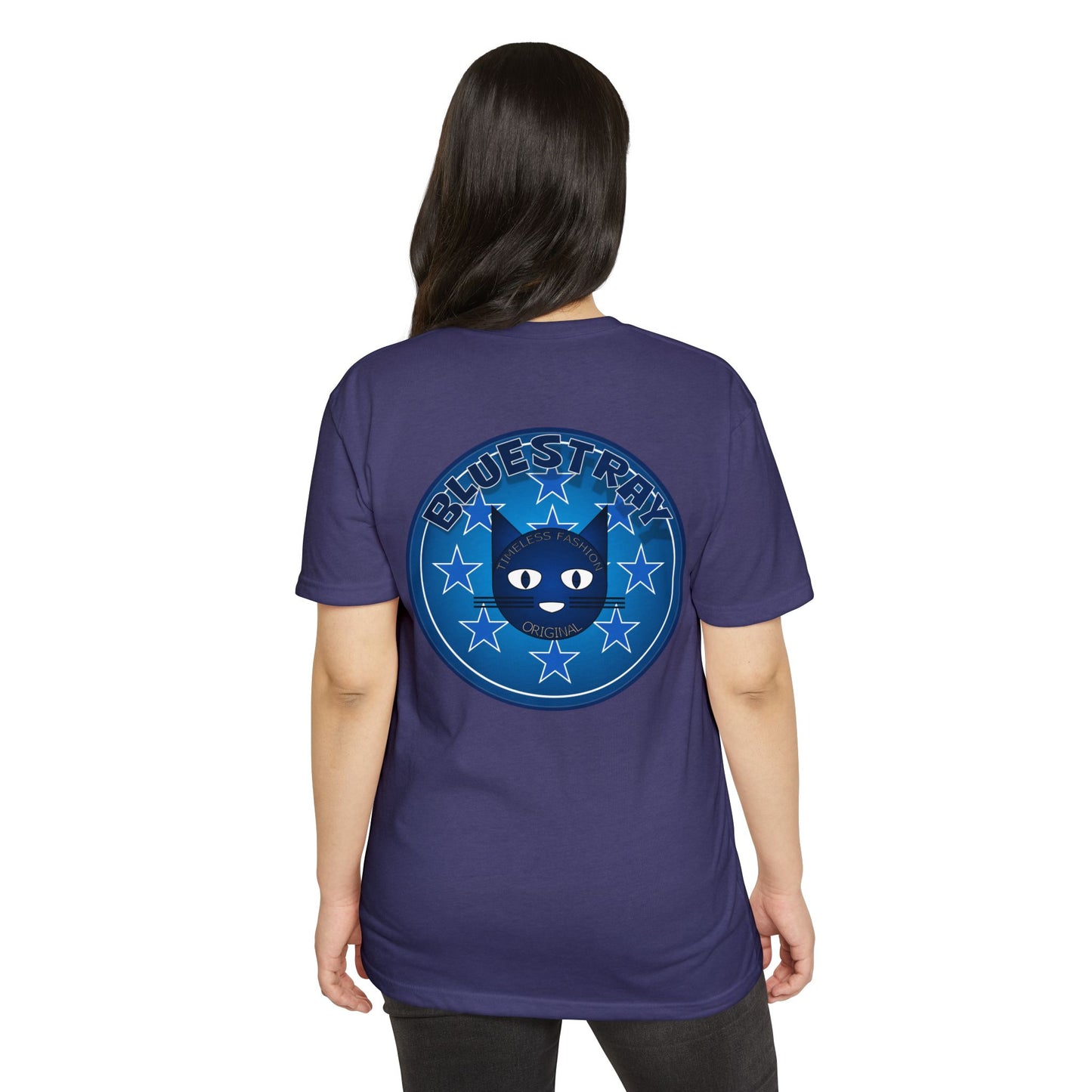 Bluestray Cat Graphic T-Shirt — “Bluestray” Retro Star Logo