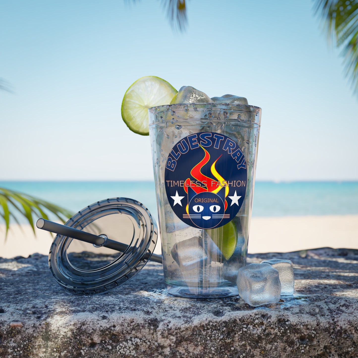 Sunsplash 16oz Clear Tumbler with Straw — Retro Bluestray Flame Crest Design