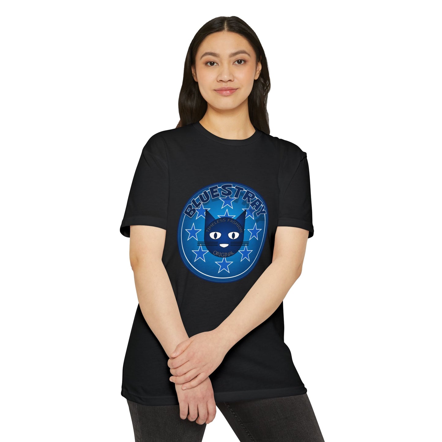 Bluestray Cat Graphic T-Shirt — “Bluestray” Retro Star Logo