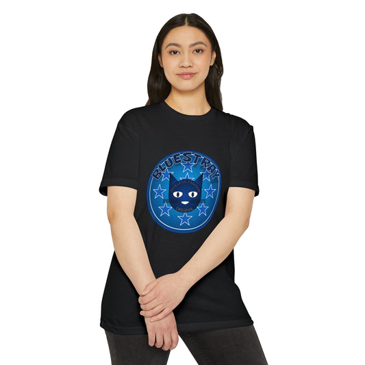 Bluestray Cat Graphic T-Shirt — “Bluestray” Retro Star Logo