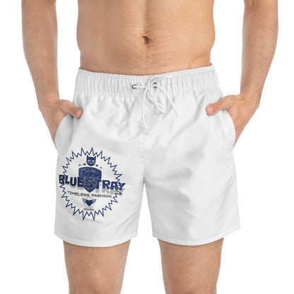 Men's White Swim Trunks with Blue 'Bluestray Timeless Fashion' Logo