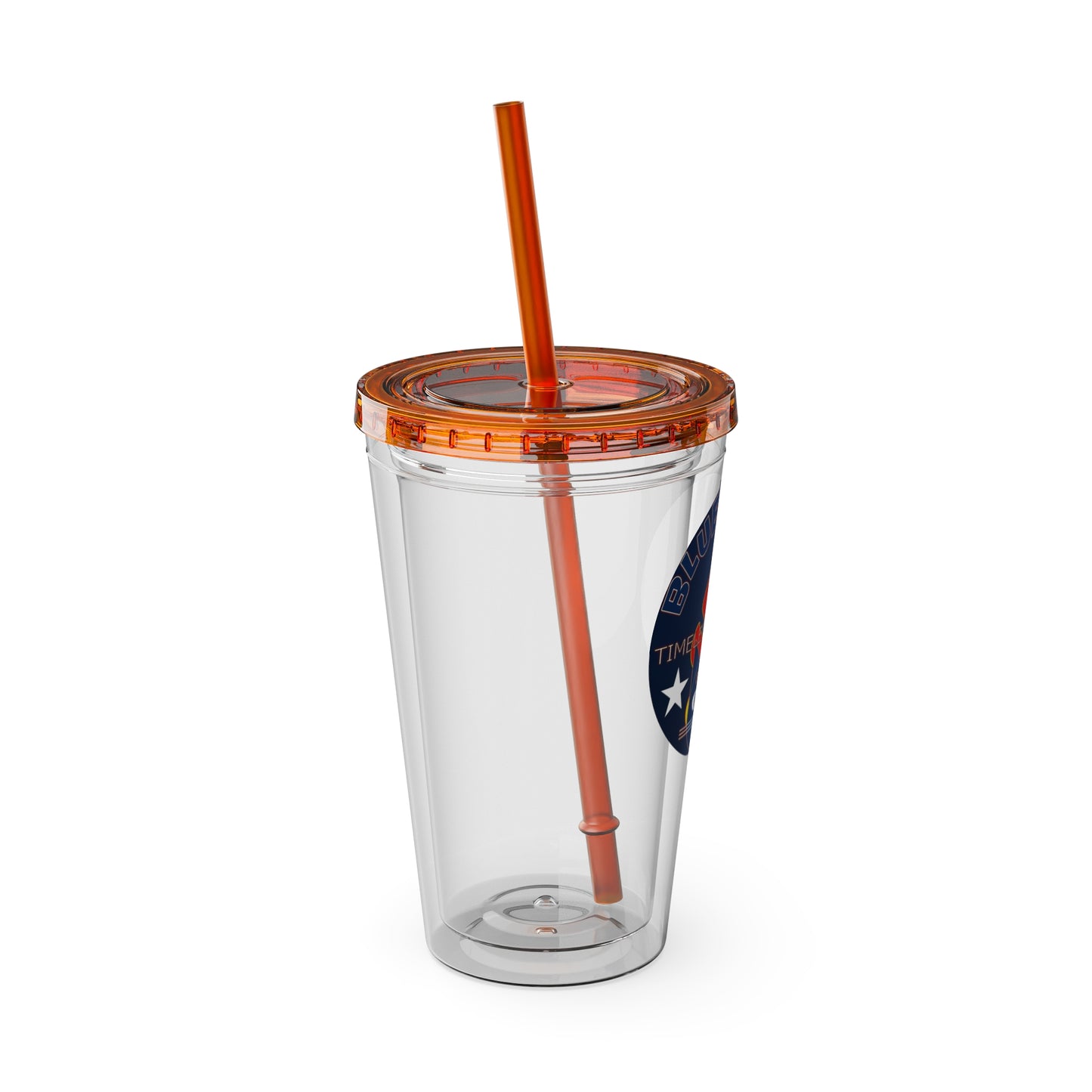 Sunsplash 16oz Clear Tumbler with Straw — Retro Bluestray Flame Crest Design