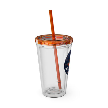 Sunsplash 16oz Clear Tumbler with Straw — Retro Bluestray Flame Crest Design
