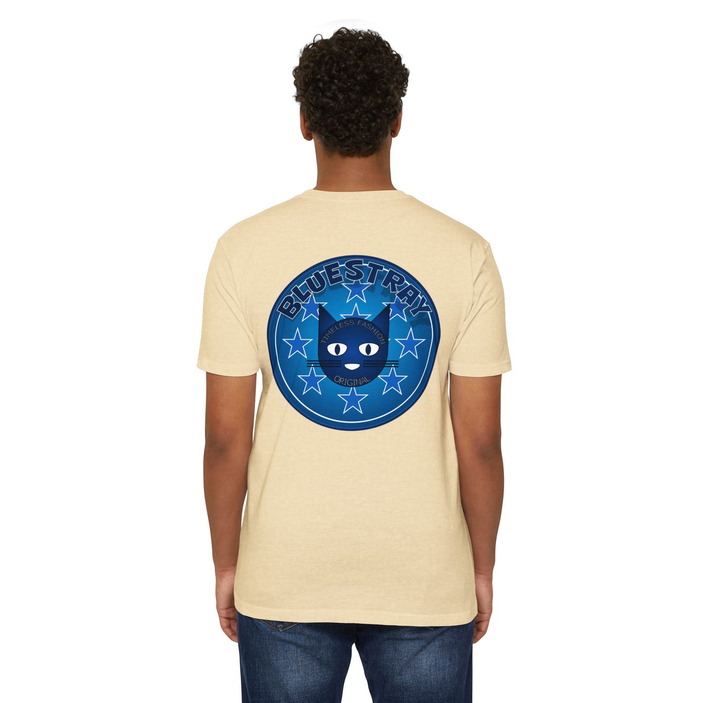Bluestray Cat Graphic T-Shirt — “Bluestray” Retro Star Logo