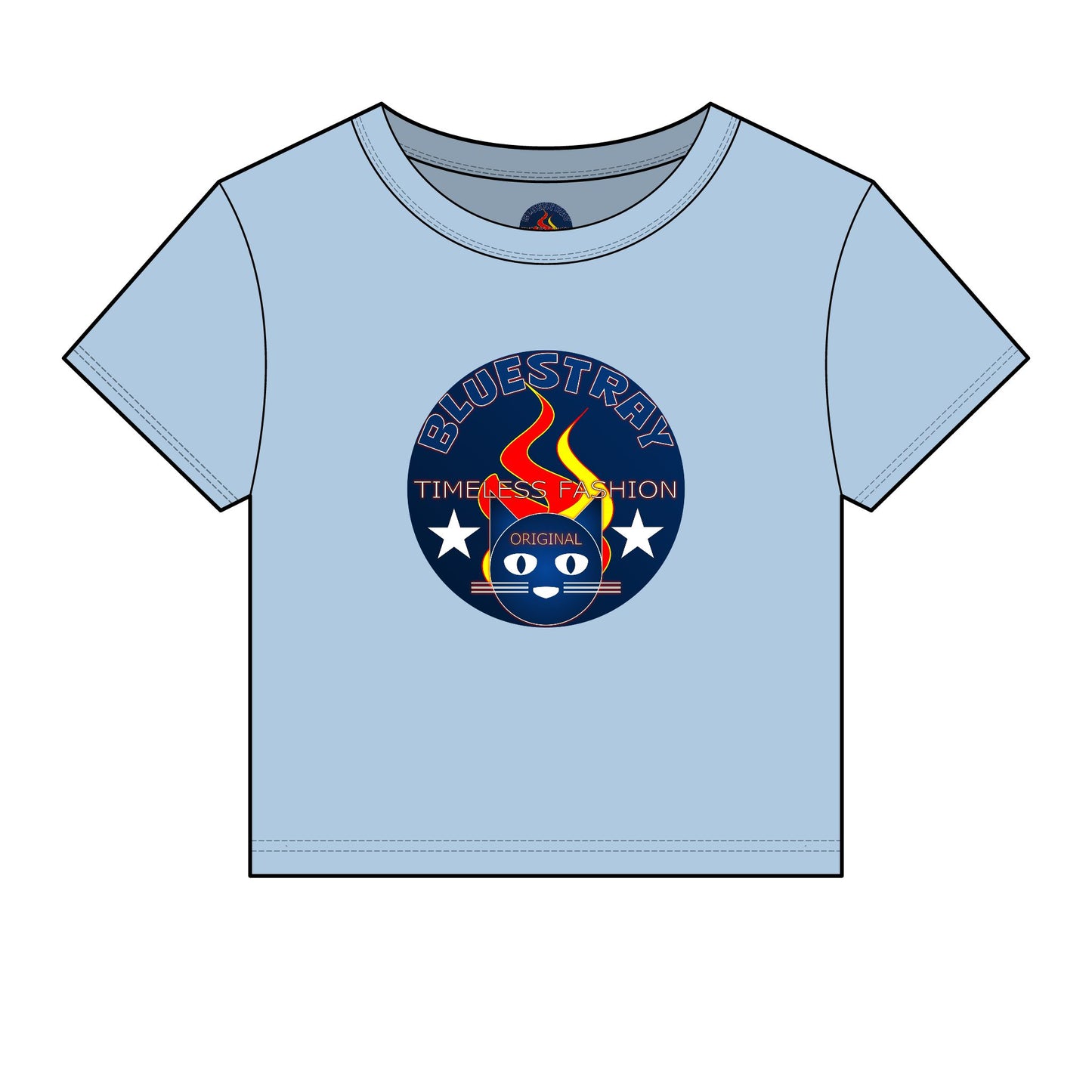 Bluestray Retro Flame Crest Women's Baby Tee — 'Time & Motion' Graphic Crop Top