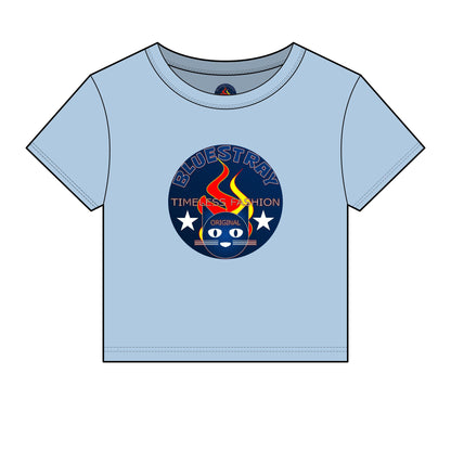 Bluestray Retro Flame Crest Women's Baby Tee — 'Time & Motion' Graphic Crop Top