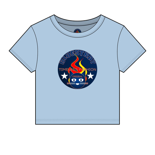 Bluestray Retro Flame Crest Women's Baby Tee — 'Time & Motion' Graphic Crop Top