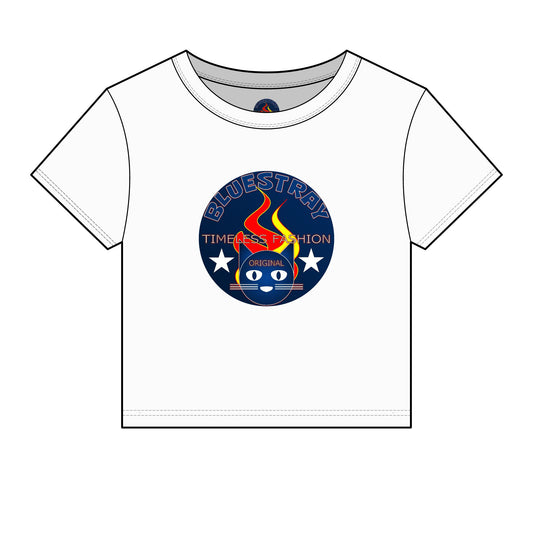 Bluestray Retro Flame Crest Women's Baby Tee — 'Time & Motion' Graphic Crop Top