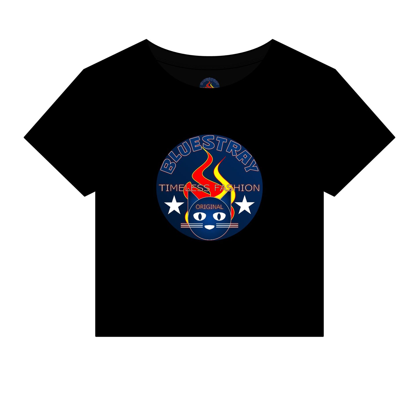 Bluestray Retro Flame Crest Women's Baby Tee — 'Time & Motion' Graphic Crop Top