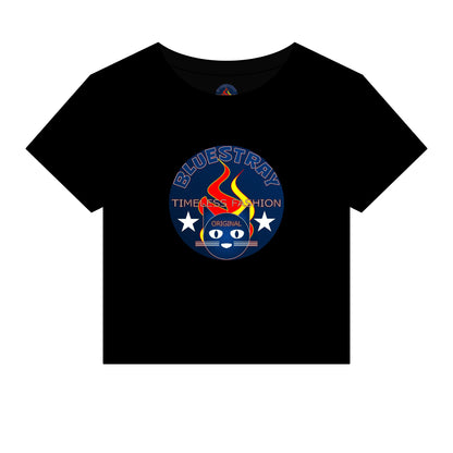 Bluestray Retro Flame Crest Women's Baby Tee — 'Time & Motion' Graphic Crop Top