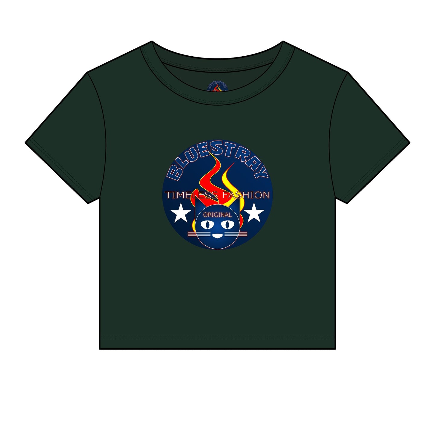 Bluestray Retro Flame Crest Women's Baby Tee — 'Time & Motion' Graphic Crop Top