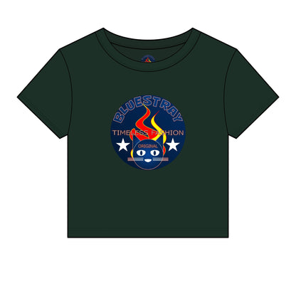 Bluestray Retro Flame Crest Women's Baby Tee — 'Time & Motion' Graphic Crop Top
