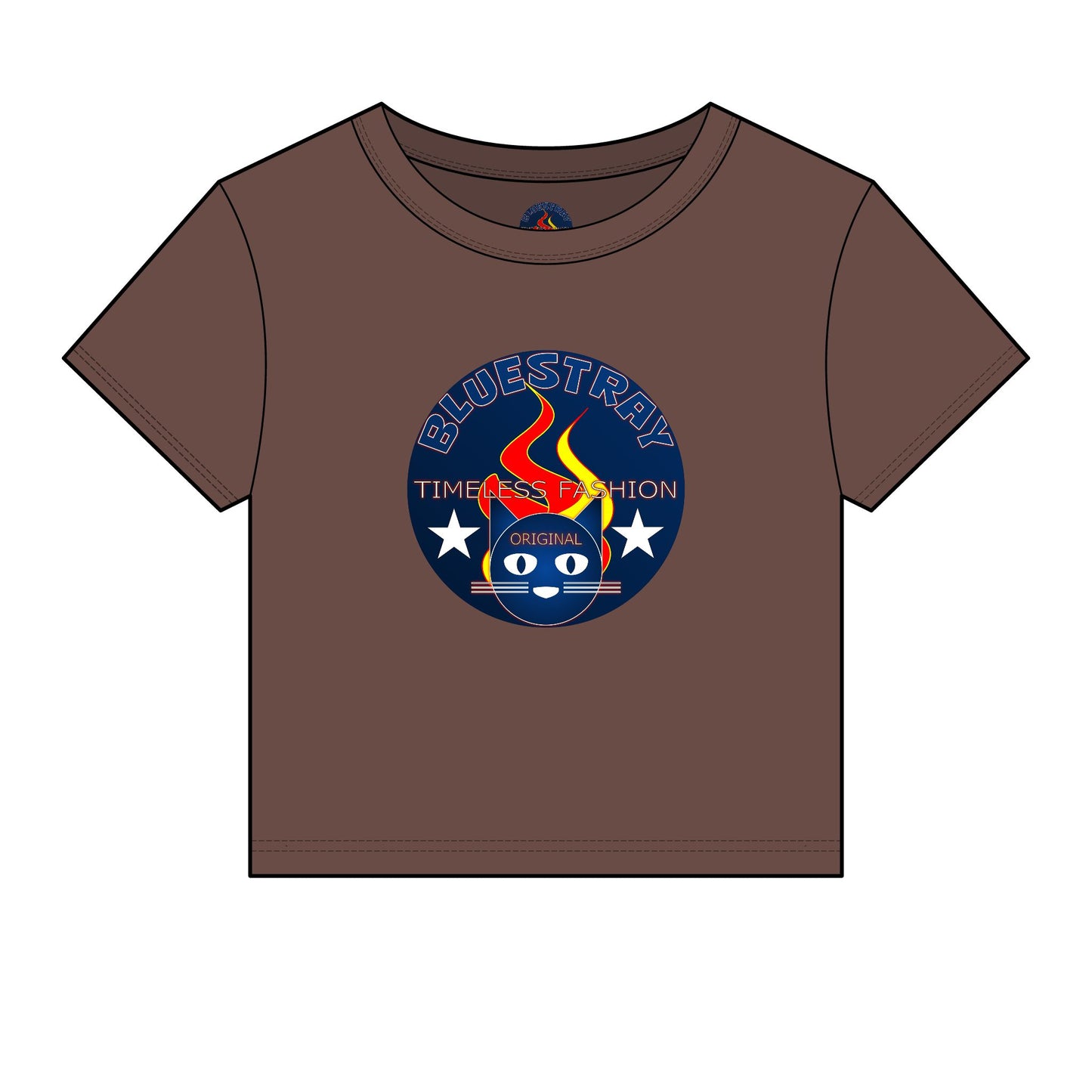 Bluestray Retro Flame Crest Women's Baby Tee — 'Time & Motion' Graphic Crop Top