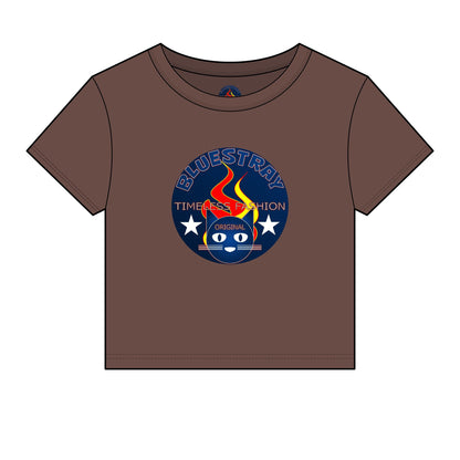 Bluestray Retro Flame Crest Women's Baby Tee — 'Time & Motion' Graphic Crop Top