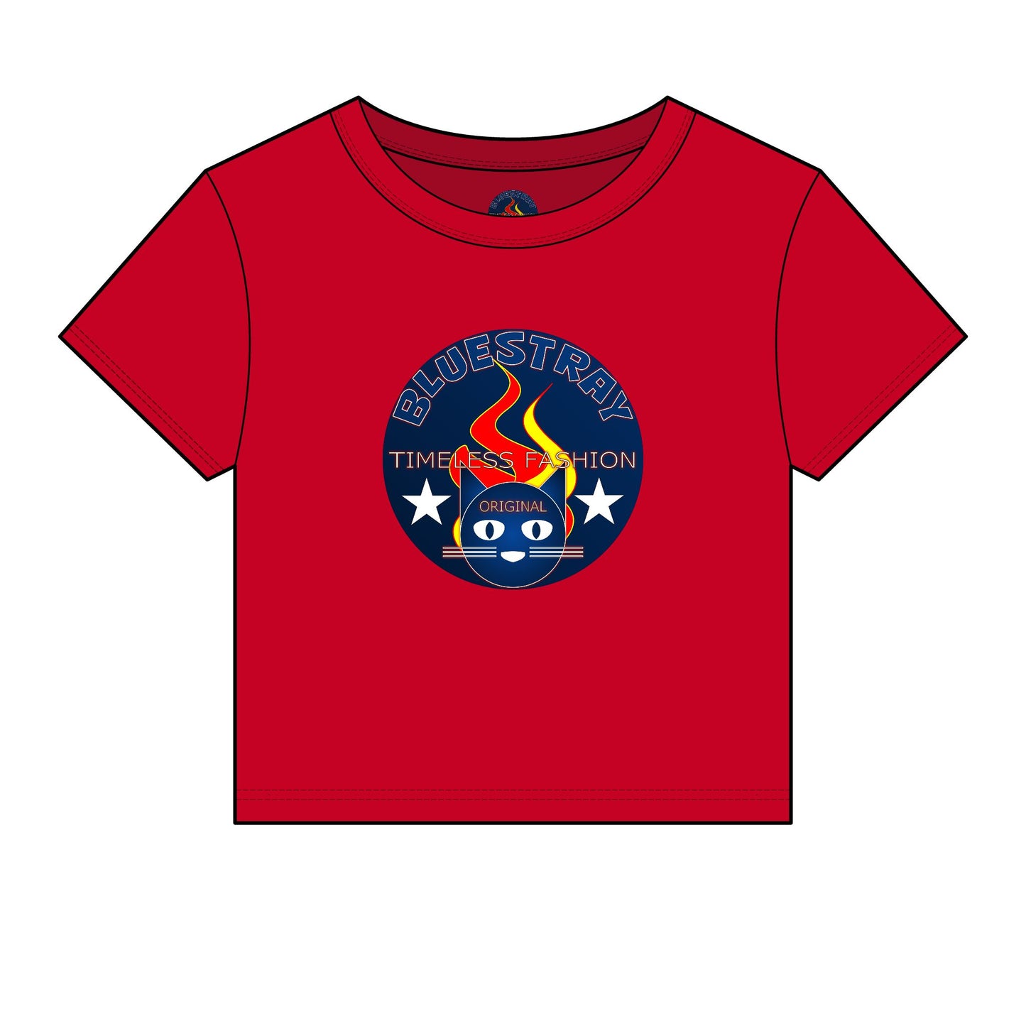 Bluestray Retro Flame Crest Women's Baby Tee — 'Time & Motion' Graphic Crop Top