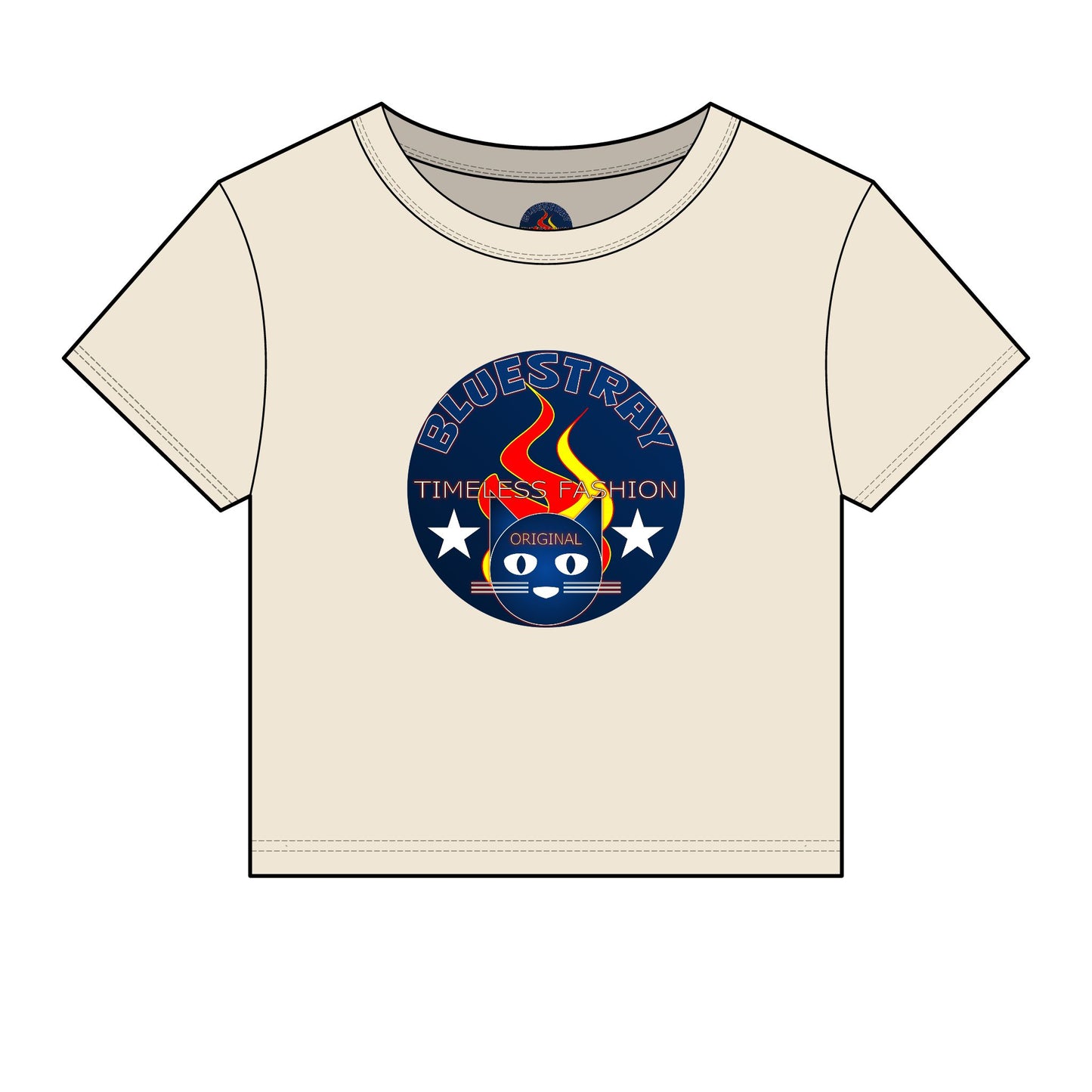 Bluestray Retro Flame Crest Women's Baby Tee — 'Time & Motion' Graphic Crop Top