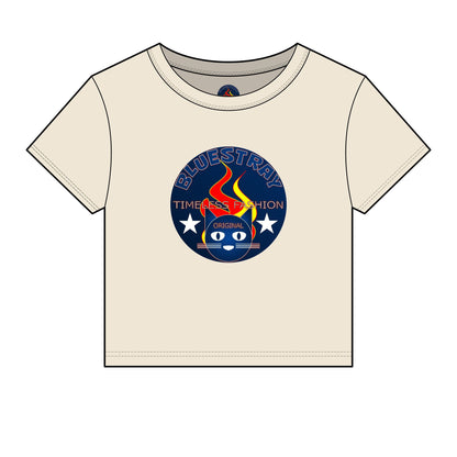 Bluestray Retro Flame Crest Women's Baby Tee — 'Time & Motion' Graphic Crop Top