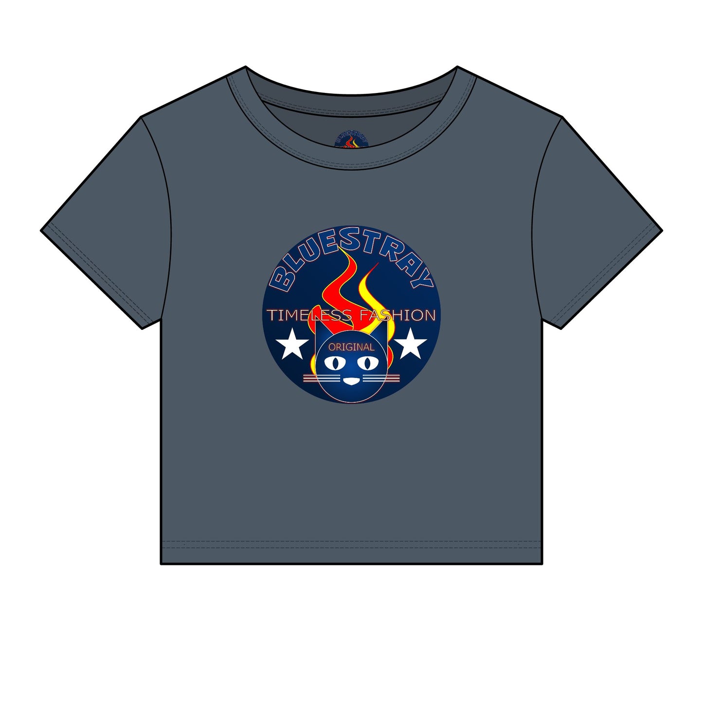 Bluestray Retro Flame Crest Women's Baby Tee — 'Time & Motion' Graphic Crop Top