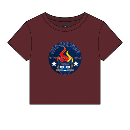 Bluestray Retro Flame Crest Women's Baby Tee — 'Time & Motion' Graphic Crop Top