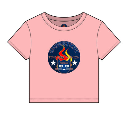 Bluestray Retro Flame Crest Women's Baby Tee — 'Time & Motion' Graphic Crop Top