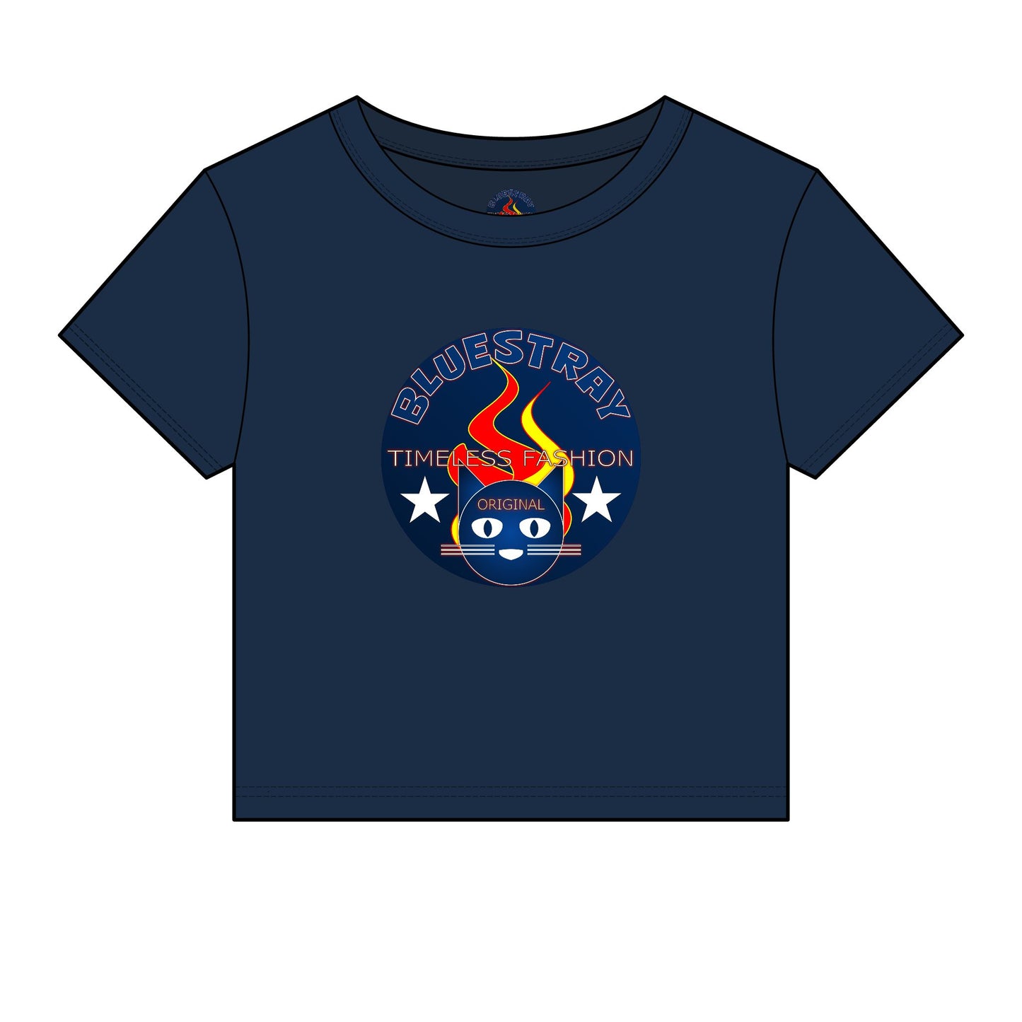 Bluestray Retro Flame Crest Women's Baby Tee — 'Time & Motion' Graphic Crop Top