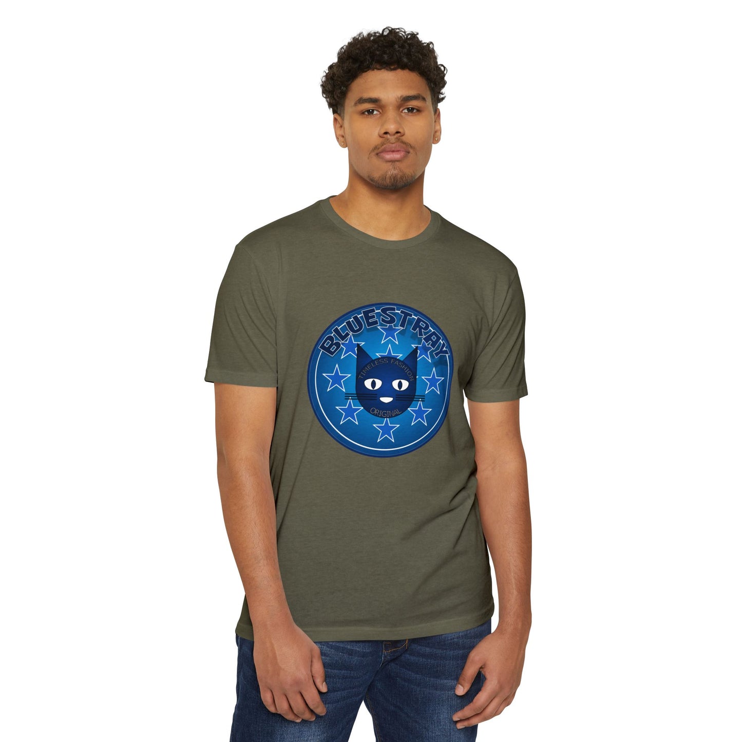 Bluestray Cat Graphic T-Shirt — “Bluestray” Retro Star Logo