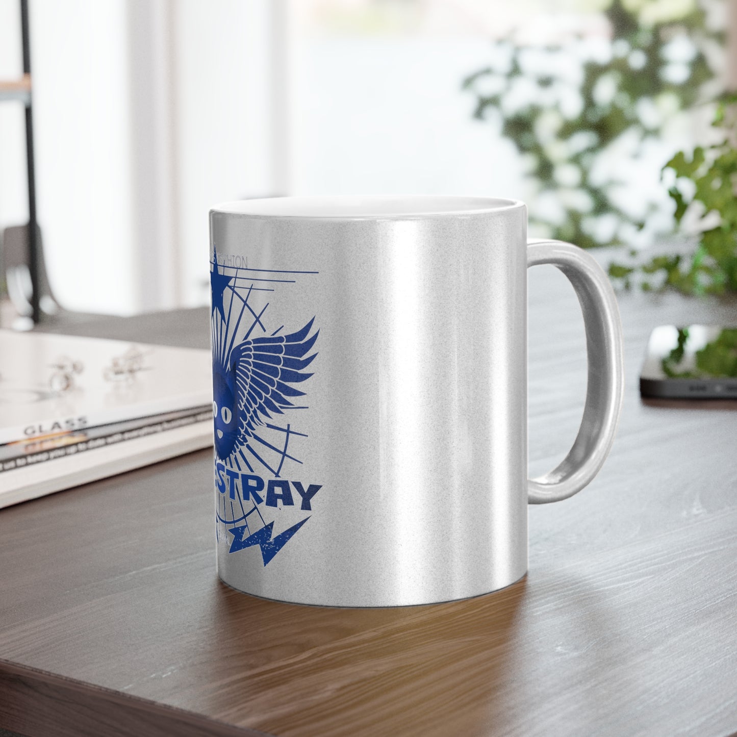 Bluestray Metallic Mug — Retro Winged Cat Silver/Gold Travel Coffee Cup