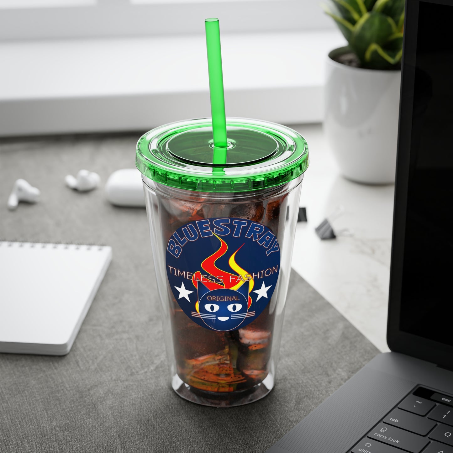 Sunsplash 16oz Clear Tumbler with Straw — Retro Bluestray Flame Crest Design