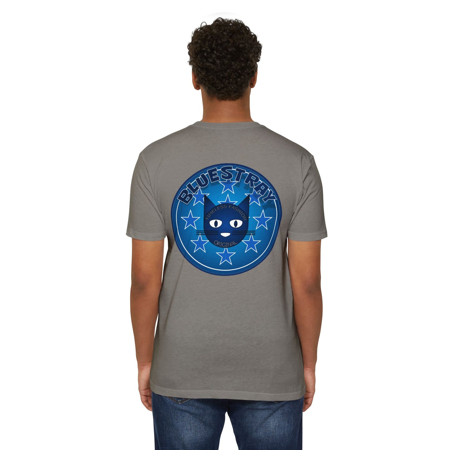 Bluestray Cat Graphic T-Shirt — “Bluestray” Retro Star Logo