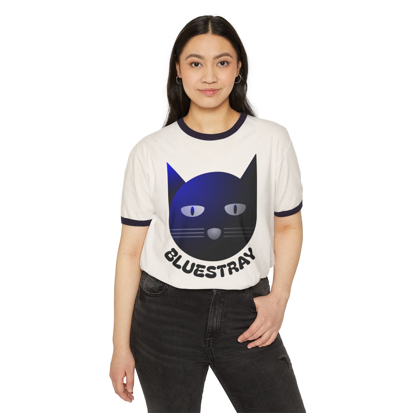 Bluestray Cat Ringer T-Shirt — Retro Blue Cat Graphic Tee