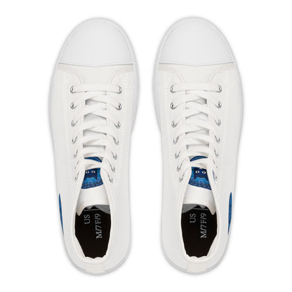 Women's High Top Sneakers — White Canvas Casual Shoes with Bluestray Patch Accent