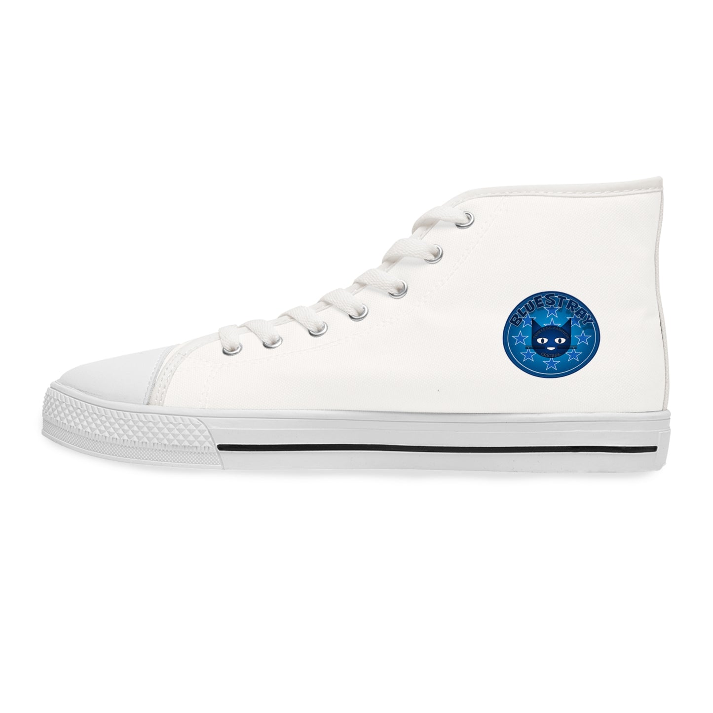 Women's High Top Sneakers — White Canvas Casual Shoes with Bluestray Patch Accent
