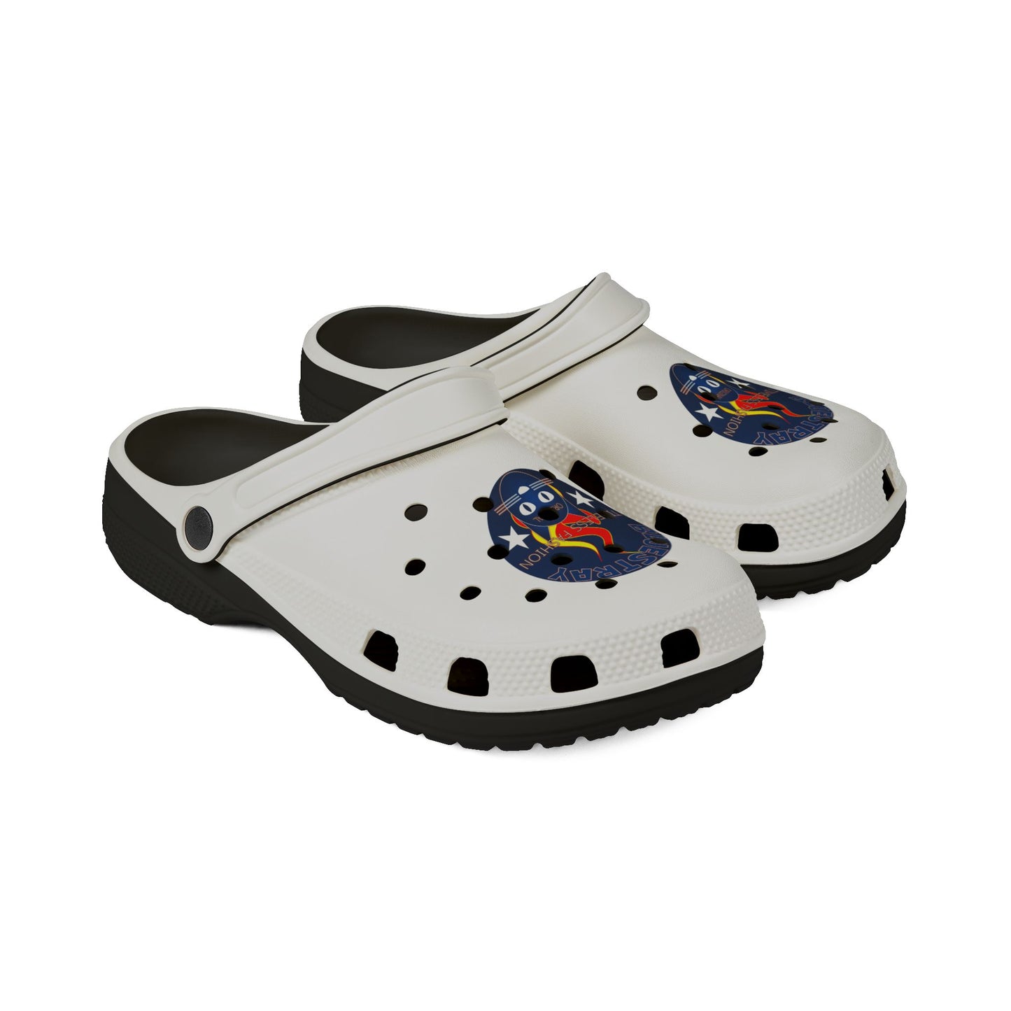 Camping Flame Clogs — White EVA Foam Slip-On Shoes with Bluestray Graphic