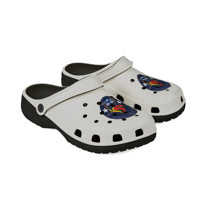 Camping Flame Clogs — White EVA Foam Slip-On Shoes with Bluestray Graphic