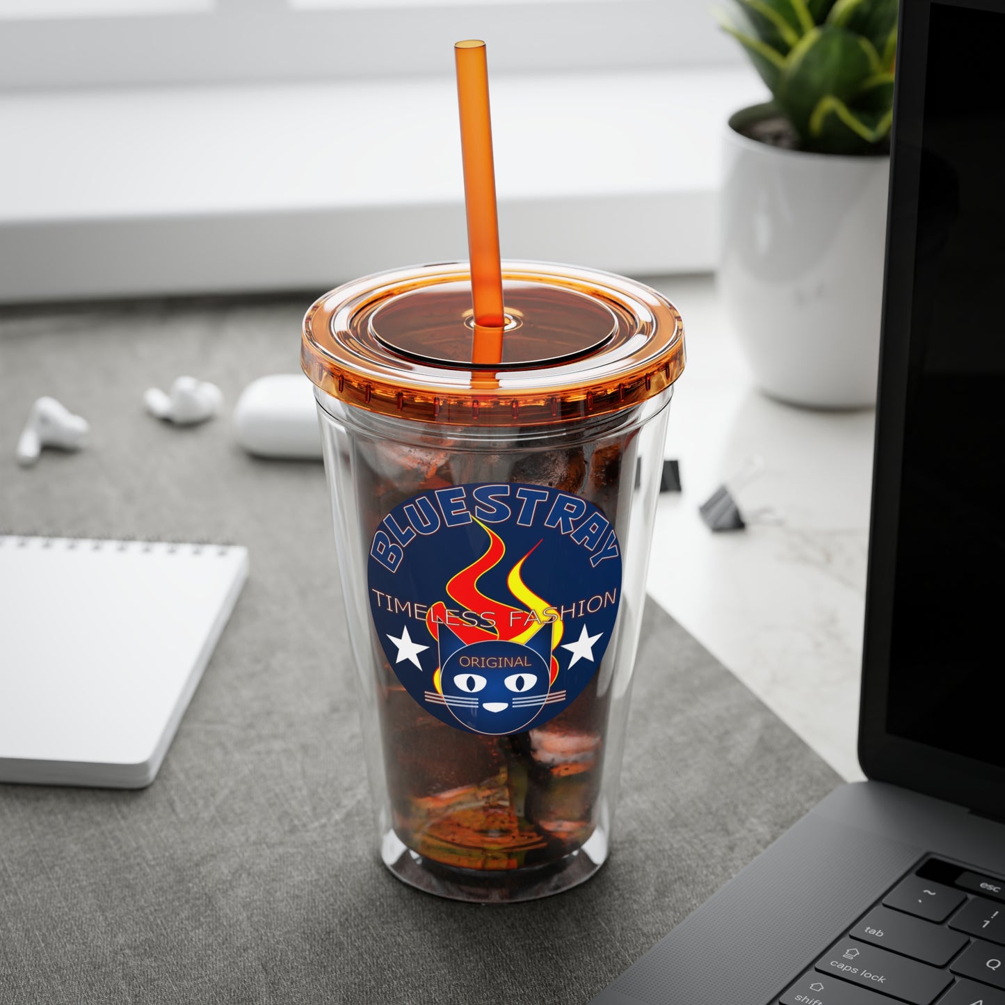 Sunsplash 16oz Clear Tumbler with Straw — Retro Bluestray Flame Crest Design